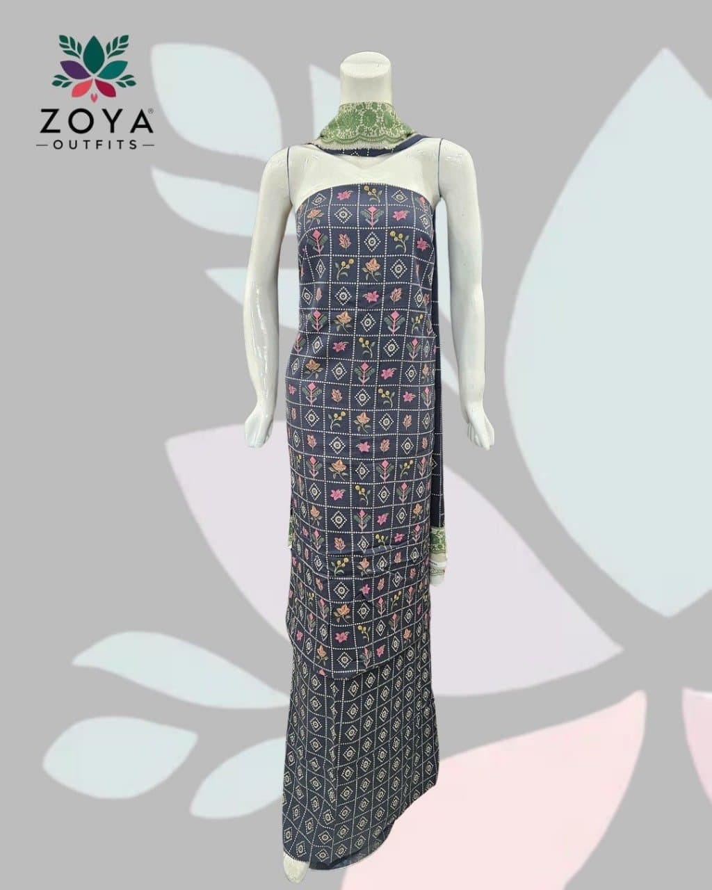 Printed Bana Doriya Dark Navy Blue Linen suit Unstitched 3PC