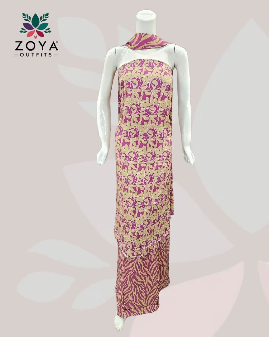Printed Bana Doriya Pink Beige Linen suit Unstitched 3PC