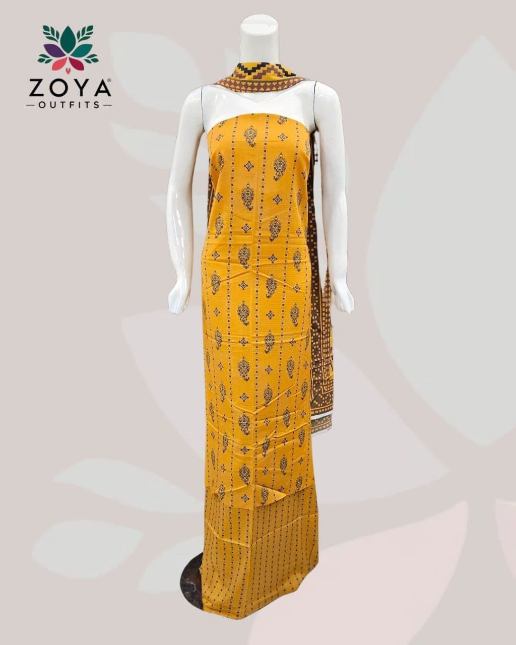 Printed Bana Doriya Mustard Linen suit Unstitched 3PC