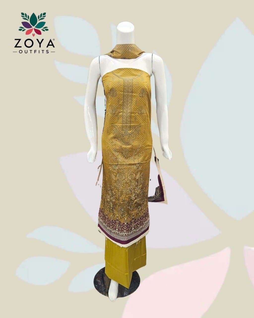 Embroidered Mustard Linen suit Unstitched 3PC